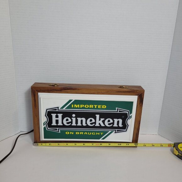 *SOLD* Heineken Beer Imported 12 Inch Backlit 1970 Wood Sign Tavern Trove Tested - Picture 9 of 11